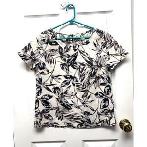 J.Crew Top Linen Cotton Blend Short Sleeve Crew Neck Cream Brown Floral Size S